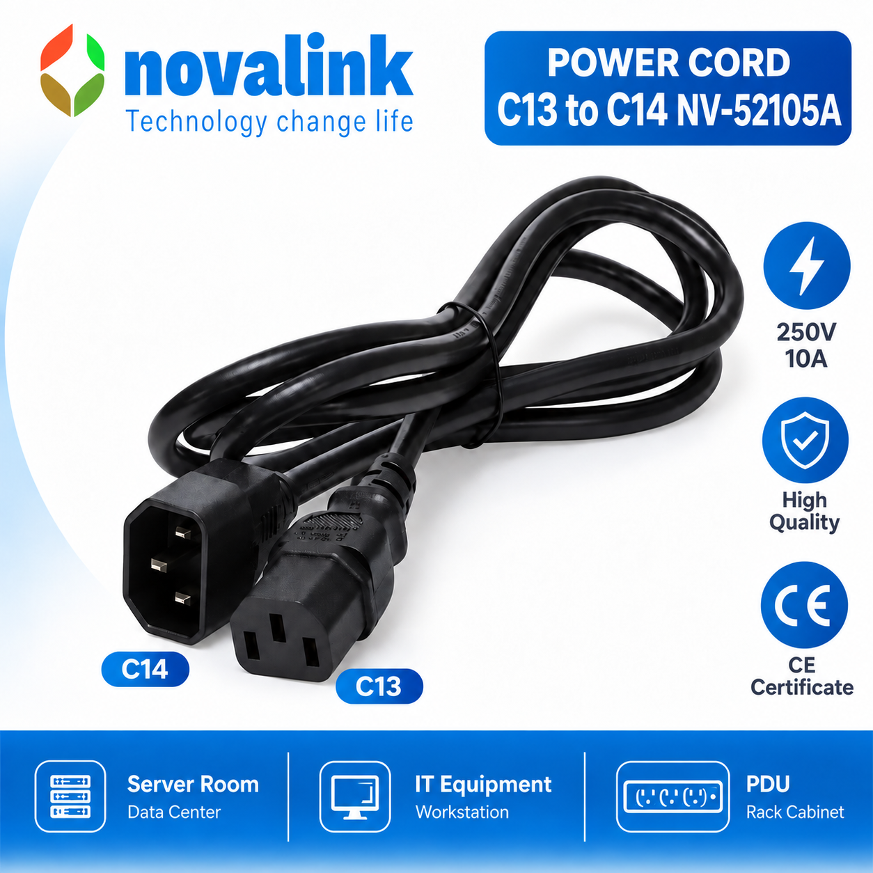 dây nguồn C13, C14 dài 2m lõi 3 x 1.5mm chính hãng Novalink lõi đồng Mã NV-52105A